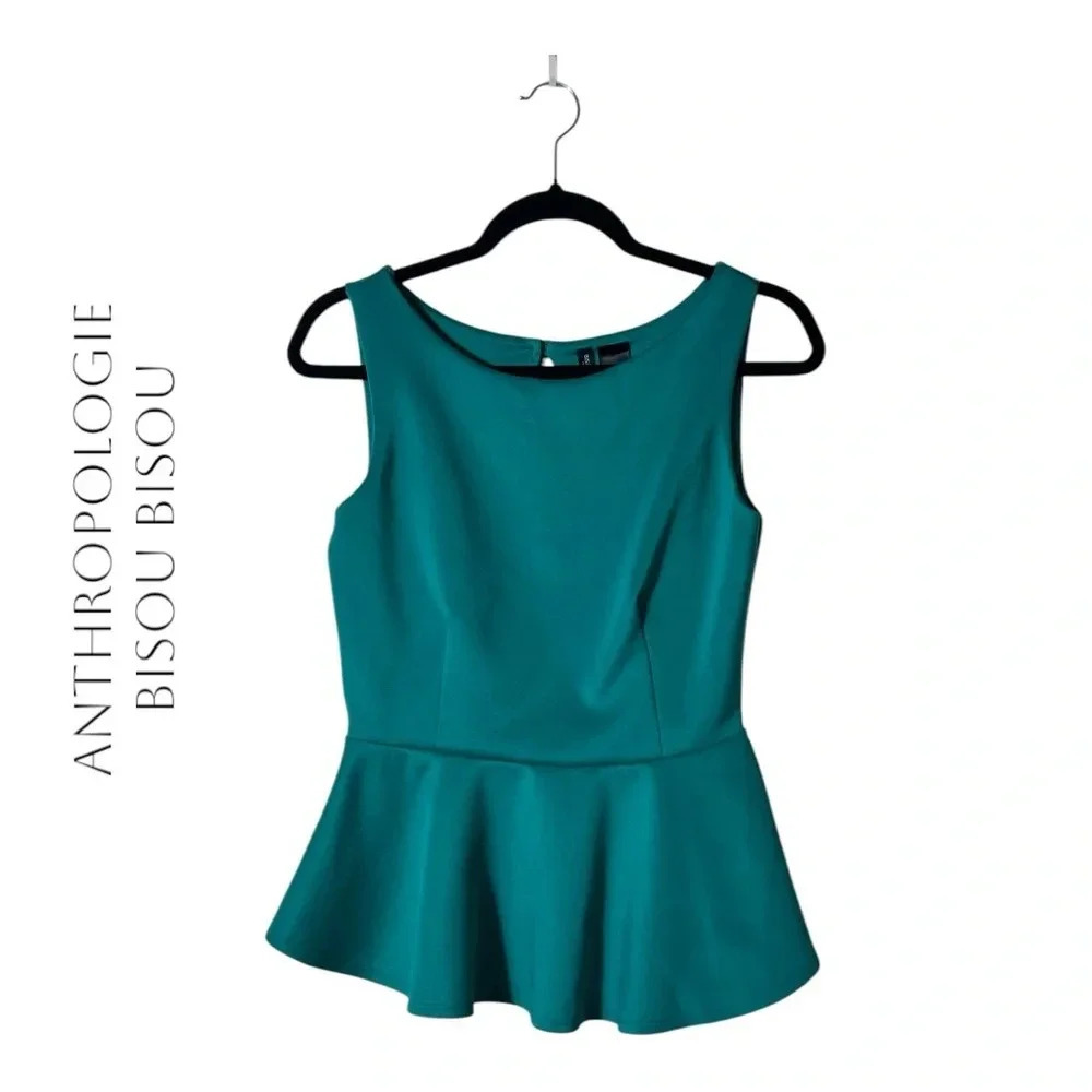 2043. ANTHROPOLOGIE BISOU BISOU TEAL GREEN COORED PEPLUM TOP SIZE SMALL KEYHOLE‎